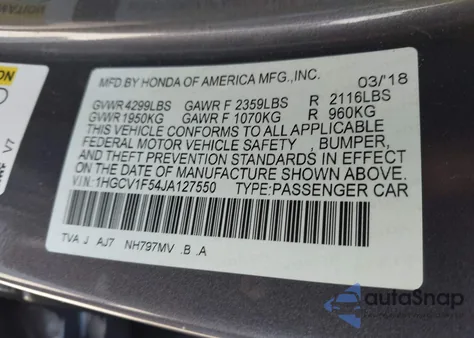 2018 Honda Accord Ex-L from USA, damaged, VIN 1HGCV1F54JA127550